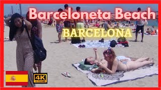 🇪🇸 4K Barceloneta Beach  Beach Walk Barcelona [upl. by Maze954]