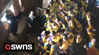 Over 70 people dress as ‘Minions’ and cheer the arrival of leader Gru’ at Halloween party  SWNS [upl. by Sarilda]