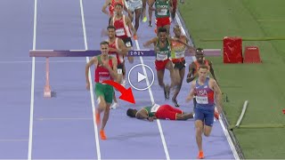 Lamecha Girma fall  Lamecha Girma injury after fall on Mens 3000m Steeplechase at Olympics [upl. by Libna]