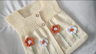 1 yaş kolay bebek yeleği yapılışı  Çiçek işlemeli bebek yeleği  Easy baby vest knitting pattern [upl. by Kaehpos]