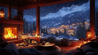 Cozy Cabin with Fireplace Sleeping Pets amp Snowy Mountain Village at Night [upl. by Oirretna394]