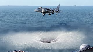 Heavy US AV8B Suspends Mid Air During Crazy Vertical Takeoff at Sea [upl. by Verine862]