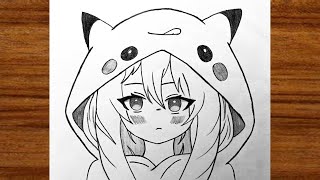 Anime drawing How to Draw Anime Girl  Easy Sketch Drawing  Cute Anime girl with Pikachu Hoodie [upl. by Enaej]