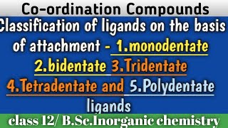 Classification of ligands on the basis of attachment  monodentate bidentate Tridentate tetradentate [upl. by Esinehc294]