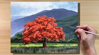 Acrylic Painting Red Tree Landscape  Correa Art [upl. by Brunhilde]