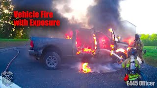 Vehicle Fire with Exposure Diesel Drive  Fire Helmet Cam  Engine 445 [upl. by Aisile]