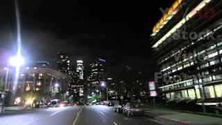 Downtown LA Night Driving Towards Los Angeles Skyscraper Office Buildings  HD Stock Video Footage [upl. by Ruel335]