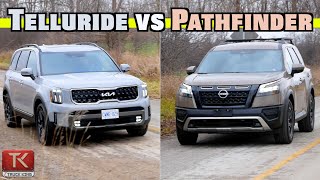 2023 Nissan Pathfinder Rock Creek vs Kia Telluride XLine  Battle of the Poser OffRoaders [upl. by Drarej]