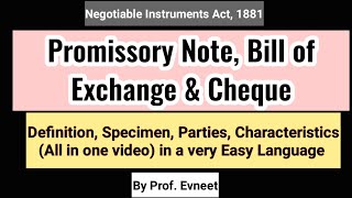 Promissory Note Bill of Exchange amp Cheque Negotiable Instruments Act 1881 CA Inter CA Executive [upl. by Naeloj]