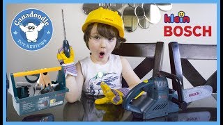 Pretend Play Bosch Kids Tools cutting bushes family fun tool box chain saw drill Canadoodle [upl. by Einitsed]