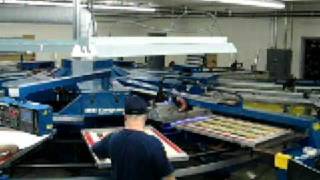 Six Color Graphic Screen Printing Carousel Press MampR Conquest [upl. by Kred]