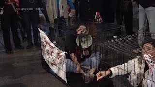 Protesters lock themselves in cages blocking Tel Aviv road as they demand the release of hostages s [upl. by Yrral]