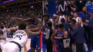 LUKA GETS IN MIDDLE OF PISTONS FIGHT PJ WASHINGTON SHOVES JALEN DURAN [upl. by Atinuaj]