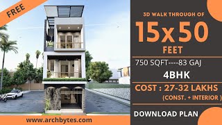 15x50 House Design 3D  750 Sqft  83 Gaj  4 BHK  Modern Design  Terrace Garden  4x15 Meters [upl. by Anatola109]