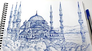 The Blue Mosque Sultan Ahmet Camii Istanbul  pen drawing sounds ASMR  architecture sketch [upl. by Aenet289]