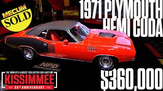 SOLD for 360000 1971 Plymouth Hemi Cuda  Mecum Kissimmee 2024 [upl. by Eneri]