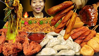 Nepali Street Food Mukbang  Eating Extremely Spicy Keema Noodles Sausages Chicken Lollypop amp MOMO [upl. by Ialohcin]