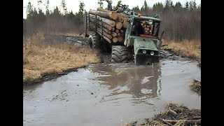 Homemade forwarders logging in wet forest deep water and mud [upl. by Hola]