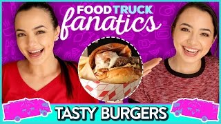 JUICY BURGER CHALLENGE  Food Truck Fanatics w The Merrell Twins [upl. by Marybella]