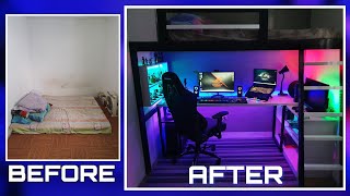 DIY LOFT BED W GAMING AREA Small Room Makeover Ultimate Gaming Room Setup w LED expert Lighting [upl. by Nosreh]