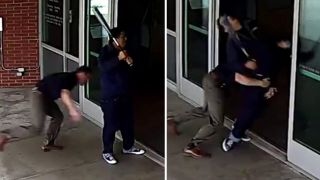 Cop blindsides batwielding man outside police department [upl. by Airdnahs436]