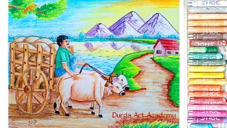 Beautiful Indian Village Scenery Drawing With Oil Pastel  Village Drawing  Durga Art Academy [upl. by Sirdi207]