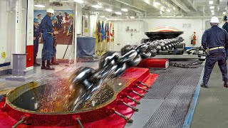 US Navy Dropping Massive Anchor Chain to Stop a Moving Aircraft Carrier [upl. by Karon]