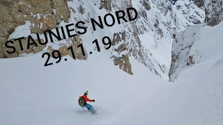 Staunies Nord Cristallo Couloir 291119 First Line Of Season Freeride Cortina Splitboard Snowboard [upl. by Asserak]