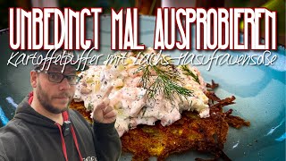 Kartoffelpuffer mit LachsHausfrauensoße  Definitiv einen Versuch wert rezeptidee rezepte bbq [upl. by Yattirb]