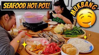 Seafood Hot Pot Mukbang 먹방 Eating Show Giant Shrimp  Mussels  Fish Balls  Ramen  PART 1 [upl. by Buff832]