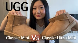 UGG classic mini and ultra mini review and comparison  try on with different outfits [upl. by Aihk]