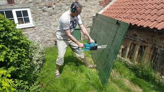 makita corded chainsaw model uc3541a slicing an old hard wood gate in half [upl. by Anaiq]