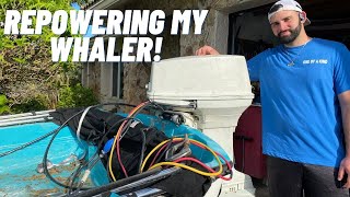 REPOWERING MY 13 FOOT BOSTON WHALER WITH A 40HP MOTOR MY NEW 40HP 2 STROKE OUTBOARD [upl. by Adieren]