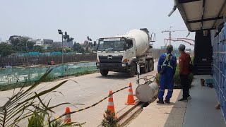 Hino 500 Ready Mix Cement Truck Delivering Pouring Concrete On Hill Road Construction [upl. by Almena]