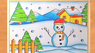 How to Draw Winter Season Scenery  Easy Winter Drawing Step by Step  How to Draw Snowfall Drawing [upl. by Enneite]