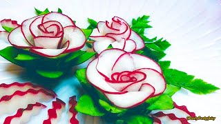 The Beauty Of Rose Carving Garnish Best Vegetable For Flower Design  Red Radish amp Cucumber [upl. by Nevram]