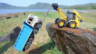 TATA Tipper Accident Mountain Road Pulling Out JCB 3dx Backhoe  Cartoon video  Ford Tractor CS TOY [upl. by England]