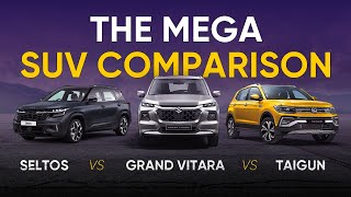 Kia Seltos vs Maruti Suzuki Grand Vitara vs Volkswagen Taigun Comparison Review carreview [upl. by Jarid351]