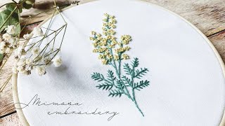 刺繍初心者でも簡単！ミモザの花刺繍のやり方【図案無料配布】フレンチノットステッチをきれいに縫うコツ [upl. by Olemrac]