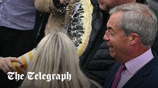 Milkshake thrown over Nigel Farage as he launches campaign in Clacton [upl. by Manville]