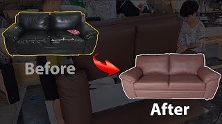 Replacing the new leather for the old sofa that has been used for 10 years [upl. by Hurlee]