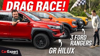 Drag race Toyota HiLux GR Sport v Raptor v V6 Ranger v Wildtrak Surprising results [upl. by Tnecnivleahcim]