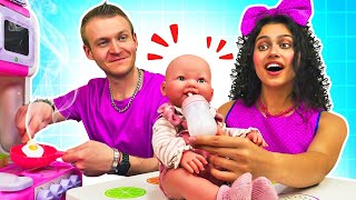 Feeding baby doll amp pretend play cooking toy food for dolls Familyfun video for kids [upl. by Anitan185]