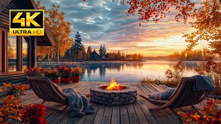 Peaceful Autumn Evening Lakeside by the Cabin Cozy Nature Sounds Crackling Fire Pit and Birdsong [upl. by Drehcir]