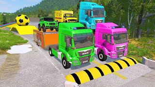 Flatbed Trailer Truck Potholes Transport Car Portal Trap Rescue  Cars vs Speed Bumps  BeamNGdrive [upl. by Ultan]