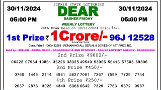 Sikkim Lottery Sambad Result 0600pm 301124 Watch Now [upl. by Ardeha816]