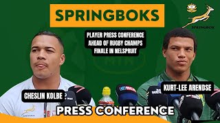 SPRINGBOKS Cheslin Kolbe and KurtLee Arendse press conference ahead of Rugby Champs finale [upl. by Kamilah]