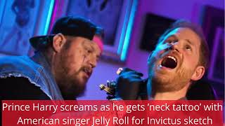 Prince Harry screams as he gets ‘neck tattoo’ with American singer Jelly Roll for Invictus sketch [upl. by Henke]