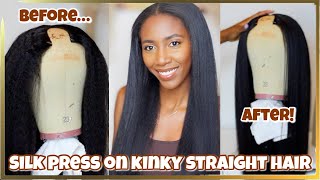 How To Silk Out Kinky Straight Hair  Wiggins Kinky Straight VPart Wig  Simply Subrena [upl. by Mabelle]