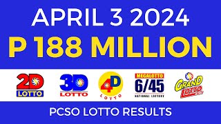 Lotto Result April 3 2024 9pm PCSO [upl. by Ocire]